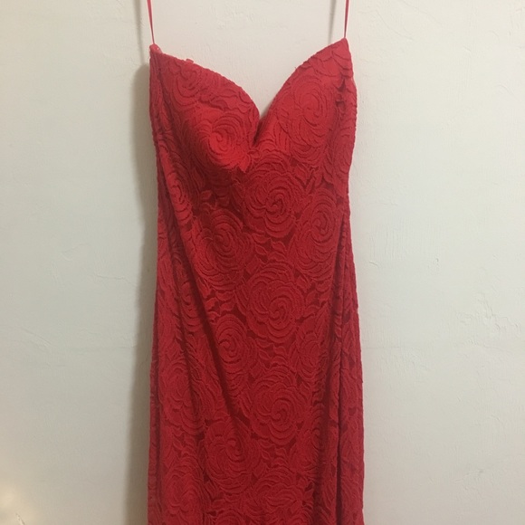 Fire Red Strapless Lace Mermaid Gown - Picture 3 of 5